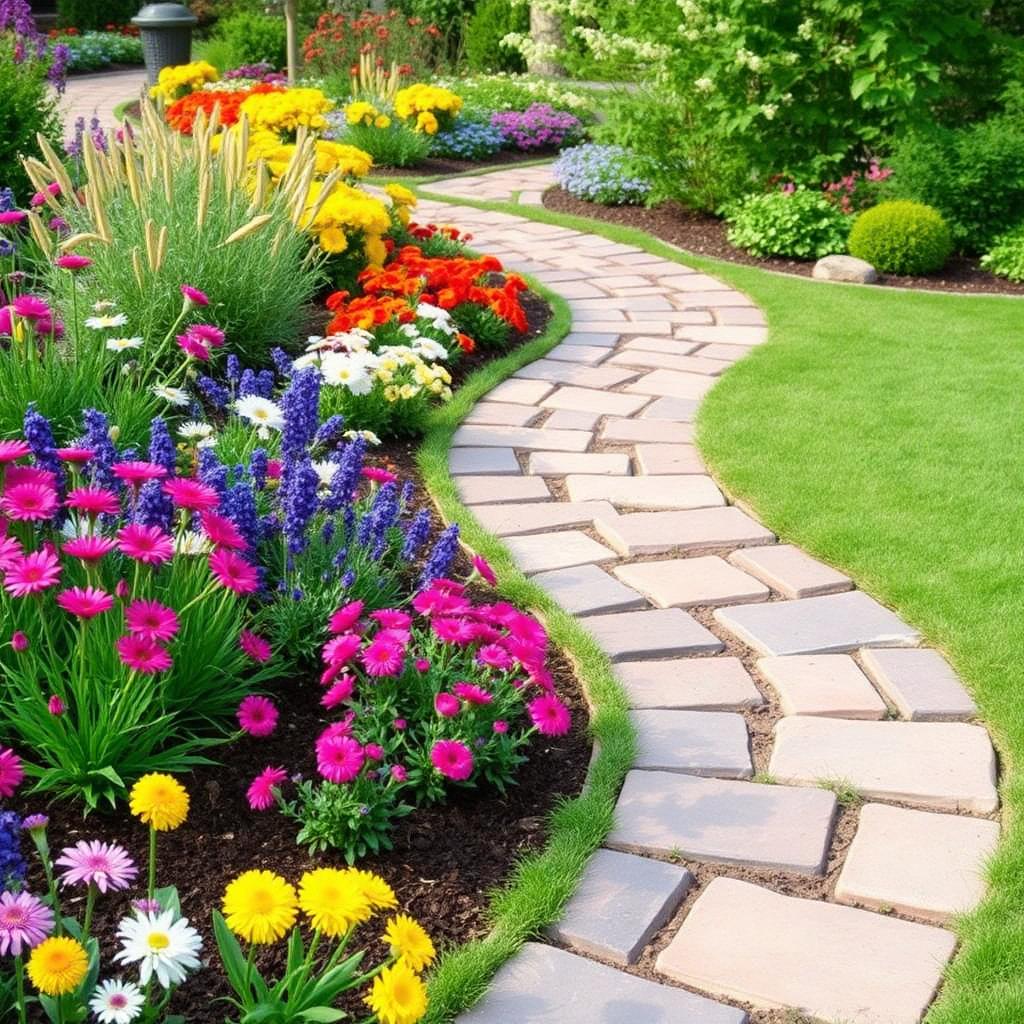 Curved flagstone walkway through flower beds